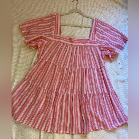 Terra & Sky Women's Square Neck Linen Blend Tunic Top In Coral & White Size 0X - Picture 2 of 6